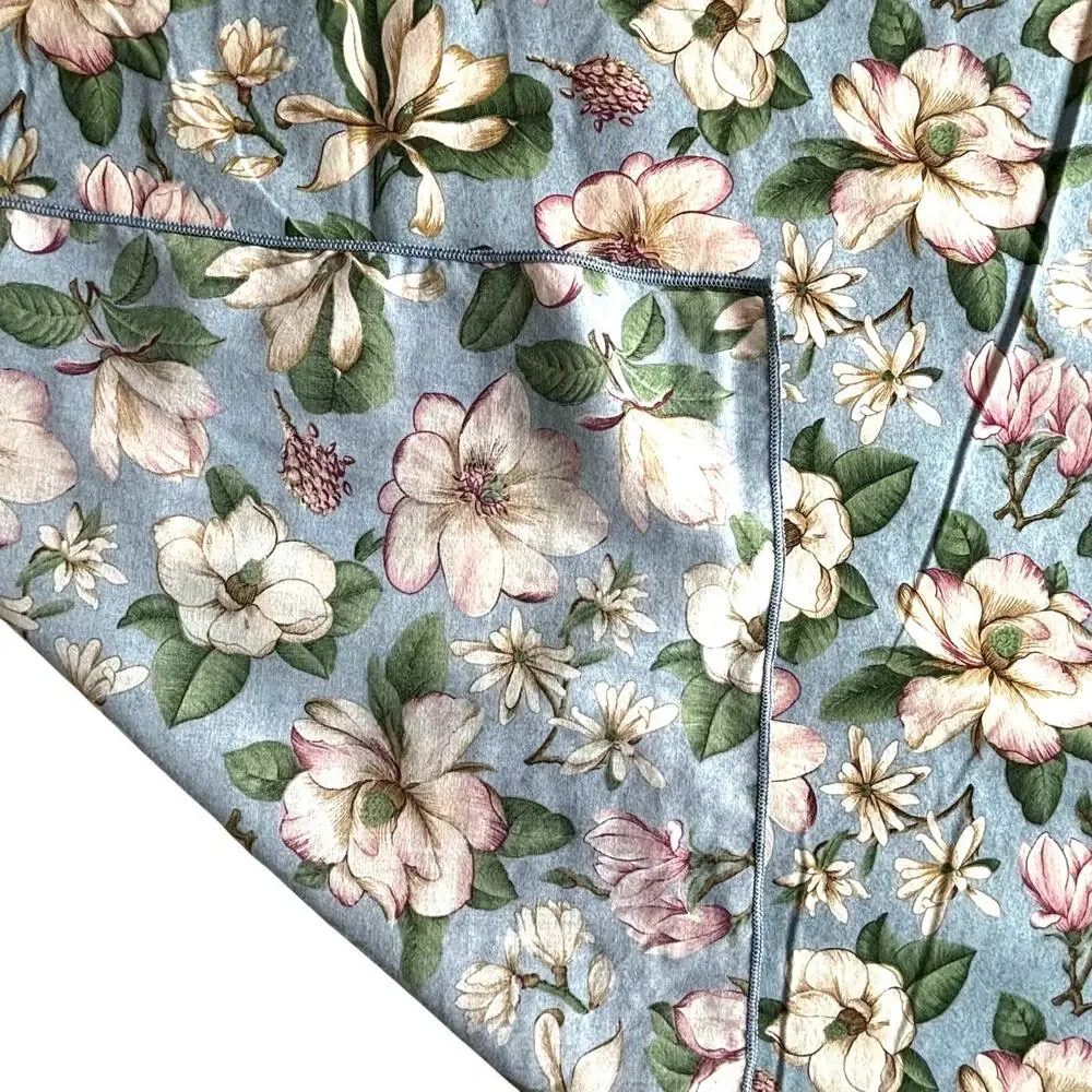 Blue & pink magnolia flowers tablecloth with greenery farmhouse cottage cabin